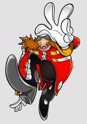 Size: 1314x1873 | Tagged: safe, artist:awwlba, robotnik, human, 2025, clenched teeth, grey background, male, posing, simple background, smile, solo, style emulation, uekawa style, v sign