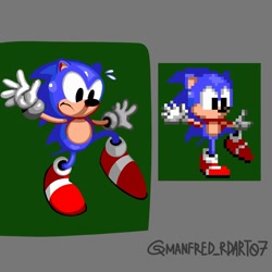 Size: 1280x1280 | Tagged: safe, artist:manfred_rdart07, sonic the hedgehog, hedgehog, sonic the hedgehog (1991), 2026, arms out, balancing, classic sonic, frown, looking offscreen, male, redraw, reference inset, solo