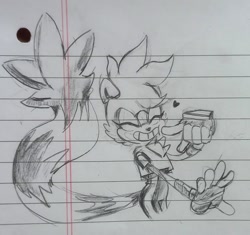 Size: 1605x1511 | Tagged: safe, artist:emilex56, tangle the lemur, lemur, 2026, cheek squish, clenched teeth, eyes closed, female, happy, heart, line art, lined paper, monochrome, pencilwork, sketch, smile, solo, standing, traditional media