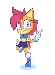 Size: 1072x1448 | Tagged: safe, artist:tazartthehyena, sally acorn, chipmunk, 2026, blushing, clenched teeth, female, looking at viewer, pointing, sallabetes, sally's ringblader outfit, simple background, smile, solo, standing, standing on one leg, white background