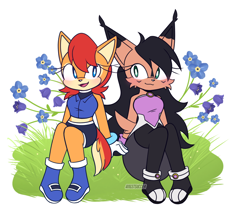 Size: 1280x1102 | Tagged: safe, artist:syrcaii, nicole the hololynx, sally acorn, chipmunk, lynx, 2026, alternate version, duo, female, flower, happy, lesbian, looking at each other, nicole x sally, plant, sally's ringblader outfit, shipping, sitting