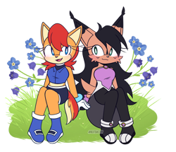 Size: 1280x1102 | Tagged: safe, artist:syrcaii, nicole the hololynx, sally acorn, chipmunk, lynx, 2026, alternate version, duo, female, flower, happy, lesbian, looking at each other, nicole x sally, plant, sally's ringblader outfit, shipping, sitting