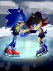 Size: 1536x2048 | Tagged: safe, artist:apontedavid543, chipmunk, hedgehog, 2026, alternate outfit, clothes, duo, female, grin, holding hands, ice skates, ice skating, looking at each other, male, mouth open, nighttime, open smile, sally x sonic, shipping, side view, skating, smile, smiling at each other, straight, sweater, winter, winter outfit