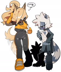 Size: 1845x2187 | Tagged: safe, artist:kosherea, tangle the lemur, whisper the wolf, duo, hand behind head, outfit swap, simple background, tangle's running suit, thought bubble, white background