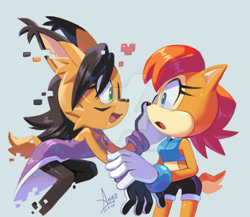 Size: 1280x1110 | Tagged: safe, artist:angiethecat, nicole the hololynx, sally acorn, 2026, blue background, deviantart watermark, digital static, duo, flying, heart, lesbian, looking at each other, mid-air, mouth open, nicole x sally, obtrusive watermark, open smile, shipping, side view, simple background, smile, watermark