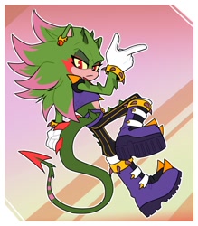 Size: 1122x1280 | Tagged: safe, artist:titronpicto, oc, lizard, 2026, abstract background, ambiguous gender, belt, boots, border, clothes, ear piercing, earring, eyelashes, flat colors, fur markings, gilet, gloves, horns, lidded eyes, long tail, looking at viewer, midriff, oc only, outline, pointing, red eyes, solo, spiked bracelet, treads, unknown oc, white outline, yellow sclera