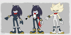 Size: 1280x626 | Tagged: safe, artist:titronpicto, hedgehog, 2025, belly button, belt, boots, clothes, eyelashes, female, flat colors, frown, gender swap, gloves, grey background, heterochromia, lidded eyes, looking offscreen, midriff, pants, scar, scarf, shirt, shoes, simple background, solo, standing, super form, super terios, terios the hedgehog, torn scarf