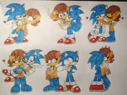 Size: 1040x780 | Tagged: safe, artist:sebas289377, nicole the handheld, sally acorn, sonic the hedgehog, chipmunk, hedgehog, 2025, blushing, carrying them, doodles, duo, female, heart, holding something, holding them, kiss, male, pose, sally x sonic, sally's vest and boots, shipping, shy, simple background, straight, traditional media, waving, white background