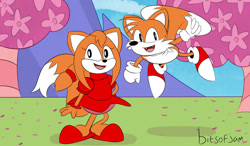 Size: 1024x599 | Tagged: safe, artist:bitsofjam, miles "tails" prower, zooey the fox, fox, 2021, classic sonic, classic style, classic tails, classic zooey, daytime, duo, female, floating, looking at viewer, male, mountain, pose, standing, tree
