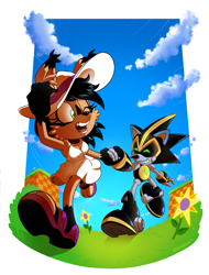 Size: 700x919 | Tagged: safe, artist:rikdraws, nicole the hololynx, shard the metal, lynx, green hill zone, 2019, alternate outfit, clothes, clouds, daytime, dress, duo, female, flower, grass field, happy, hat, holding hands, male, nicole x shard, robot, running, shipping, straight, sun hat