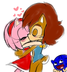 Size: 500x539 | Tagged: safe, artist:sonicschilidog, amy rose, sally acorn, sonic the hedgehog, 2014, duo focus, eyes closed, heart, kiss, lesbian, sallamy, shipping, shrugging, simple background, sketch, standing, trio, white background