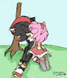 Size: 900x1042 | Tagged: safe, artist:shadamy-luffer, amy rose, shadow the hedgehog, hedgehog, 2010, age difference, amy x shadow, daytime, duo, eyes closed, flat colors, grass, kiss, kneeling, outdoors, shipping, signature, straight, treads, tree, valentine's day