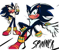 Size: 2048x1731 | Tagged: safe, artist:mercurio-shadowz, oc, oc:spinner the hedgehog, hedgehog, 2025, character name, ear piercing, earring, english text, fankid, magical gay spawn, parent:shadow, parent:sonic, parents:sonadow, simple background, smile, solo, text, white background