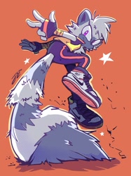 Size: 1530x2048 | Tagged: safe, artist:jovialnightz, tangle the lemur, 2026, female, looking at viewer, looking back, looking back at viewer, mid-air, orange background, signature, simple background, smile, smiling at viewer, solo, sparkles, star (symbol), tail stand, treads