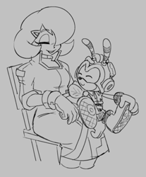 Size: 560x677 | Tagged: safe, artist:biomadders, charmy bee, bee, human, 2026, chair, chaotix case files, duo, eyebrow clipping through hair, eyes closed, female, grey background, hand on head, line art, male, monochrome, professor victoria, simple background, sitting, sitting on lap, sitting on them, smile