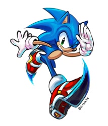 Size: 1200x1400 | Tagged: safe, artist:emilex56, sonic the hedgehog, hedgehog, 2026, looking at viewer, male, running, salute, signature, simple background, smile, soap shoes, solo, treads, white background, wink