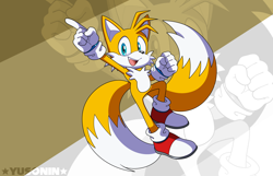 Size: 2634x1692 | Tagged: safe, artist:yusonin, miles "tails" prower, 2026, echo background, looking at viewer, male, mouth open, pointing, smile, solo