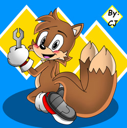 Size: 1280x1289 | Tagged: safe, artist:frostthehobidon, miles "tails" prower, 2023, blushing, holding something, kneeling, looking at viewer, male, mouth open, solo, sonic satam, treads, wrench