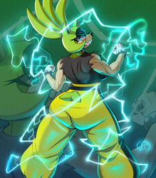 Size: 2100x2400 | Tagged: safe, artist:aeroartz, surge the tenrec, clenched fists, echo background, electricity, from behind, grin, looking at viewer, looking back, looking back at viewer, smile, smiling at viewer, solo