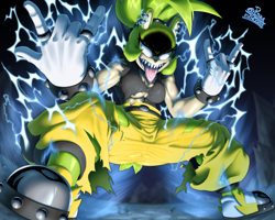 Size: 3982x3180 | Tagged: safe, artist:pltnmshoukouken, surge the tenrec, electricity, from below, mouth open, solo, squatting, tongue out