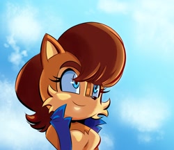 Size: 2410x2084 | Tagged: safe, artist:chauvels, sally acorn, chipmunk, 2024, clouds, daytime, female, looking ahead, looking offscreen, sally's vest and boots, smile, solo