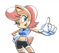 Size: 1520x1359 | Tagged: safe, artist:chauvels, sally acorn, chipmunk, 2024, daytime, female, hand on hip, looking at viewer, mouth open, open smile, sally's ringblader outfit, simple background, smile, smiling at viewer, solo, white background