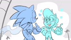 Size: 1920x1080 | Tagged: safe, artist:cybertoothcubs, artist:twincubcakes, sally acorn, sonic the hedgehog, chipmunk, hedgehog, 2024, blushing, daytime, drink, duo, female, heart, holding something, male, phantom rider, sally x sonic, sally's ringblader outfit, shipping, soda, straight