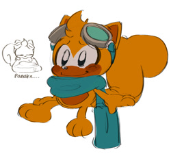 Size: 845x759 | Tagged: safe, artist:boyscout_badger, ray the flying squirrel, 2026, barefoot, blushing, cute, english text, eyewear on head, food, gloves off, goggles, goggles on head, looking offscreen, male, pancake, paws, rayabetes, scarf, simple background, sitting, smile, solo, text, white background