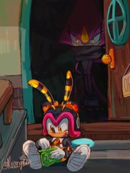 Size: 1034x1378 | Tagged: safe, artist:reezypuffz, charmy bee, espio the chameleon, bee, 2026, chameleon, door, doorway, duo, food, frown, holding something, house, indoors, lidded eyes, male, outdoors, potato chips, scarf, signature, sitting, smile, standing, tongue out, treads