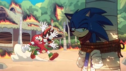 Size: 2048x1152 | Tagged: safe, artist:other_subject, knuckles the echidna, shadow the hedgehog, sonic the hedgehog, echidna, hedgehog, 2026, biting, bondage, daytime, dust clouds, fight, frown, house, lidded eyes, looking at viewer, male, mid-air, outdoors, rope, sand, sharp teeth, shrunken pupils, sonic boom (tv), sonic is not amused, sweatdrop, tied up, tree, trio, unamused, under a tree