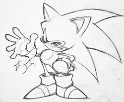 Size: 1024x841 | Tagged: safe, artist:navy_2k, sonic the hedgehog, hedgehog, 2026, classic sonic, cute, hand on hip, line art, looking at viewer, male, monochrome, simple background, smile, solo, sonabetes, white background, wink