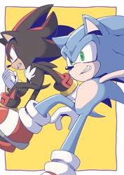 Size: 1448x2048 | Tagged: safe, artist:wasa_256, shadow the hedgehog, sonic the hedgehog, hedgehog, 2026, clenched fist, clenched teeth, duo, frown, looking offscreen, male, smile