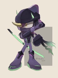 Size: 1535x2048 | Tagged: safe, artist:nikookin2255, espio the chameleon, 2026, alternate outfit, boots, clothes, fingerless gloves, katana, male, ninja outfit, scarf, signature, solo, standing, weapon, weapon sheath