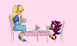 Size: 2048x1221 | Tagged: safe, artist:draivysand, maria robotnik, shadow the hedgehog, hedgehog, human, 2025, aged down, bow, brother and sister, chair, child, cup, cute, duo, eyes closed, flower, holding something, mug, pink background, siblings, side view, simple background, sitting, smile, table, tea party, teacup, teapot, vase, younger