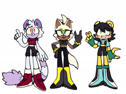 Size: 2048x1528 | Tagged: safe, artist:rapidminnow, oc, lemur, mongoose, wolf, 2024, devil horns (gesture), eye clipping through hair, fankid, looking at viewer, magical lesbian spawn, parent:blaze, parent:mina, parent:nicole, parent:surge, parent:tangle, parent:whisper, parents:minacole, parents:tanglaze, parents:whispurge, pawpads, pointing, simple background, smile, standing, trio, v sign, white background