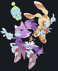 Size: 1669x2048 | Tagged: safe, artist:roastedgarlics2, blaze the cat, cheese (chao), cream the rabbit, chao, 2026, agender, black background, eyes closed, female, frown, looking at viewer, mid-air, neutral chao, simple background, smile, treads, trio