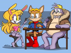 Size: 2048x1536 | Tagged: safe, artist:silvers_rings, antoine d'coolette, bunnie rabbot, rotor walrus, coyote, rabbit, walrus, 2026, card, cassino card game, chair, female, freedom fighters, holding something, male, playing, sitting, sweatdrop, table, trio