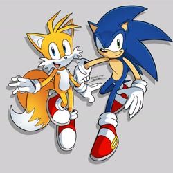 Size: 2048x2048 | Tagged: safe, artist:silvers_rings, miles "tails" prower, sonic the hedgehog, fox, hedgehog, 2026, duo, grey background, looking at viewer, male, mouth open, open smile, simple background, smile, smiling at viewer