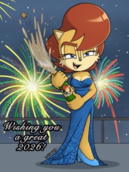 Size: 1536x2048 | Tagged: safe, artist:silvers_rings, sally acorn, chipmunk, 2026, alternate outfit, champagne, clothes, dress, drink, female, fireworks, holding something, lidded eyes, looking at viewer, mouth open, new years, nighttime, open smile, smile, smiling at viewer, solo, star (sky)