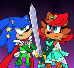 Size: 2048x1877 | Tagged: safe, artist:kittytale, sally acorn, sonic the hedgehog, chipmunk, hedgehog, 2026, clothes, cosplay, crossover, duo, female, holding something, magical girl, male, sally x sonic, scar, shipping, simple background, straight, sword, tiara, weapon