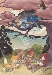 Size: 1423x2048 | Tagged: safe, artist:jadepesky, amy rose, knuckles the echidna, miles "tails" prower, sally acorn, sonic the hedgehog, chipmunk, echidna, fox, hedgehog, 2026, card, daytime, fixing, group, lying down, miles electric, mountain, playing, screwdriver, sitting, tarot card, tongue out, tree