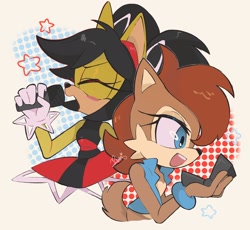 Size: 2048x1884 | Tagged: safe, artist:remimun, honey the cat, nicole the handheld, sally acorn, cat, chipmunk, 2026, abstract background, duo, female, friendship, holding something, microphone, mouth open, polka-dots, sally's vest and boots, singing, star (symbol)