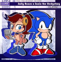 Size: 1418x1459 | Tagged: safe, artist:zeed_02, nicole the handheld, sally acorn, sonic the hedgehog, chipmunk, hedgehog, 2026, character name, classic sally, classic sonic, duo, english text, female, hands on hips, headphones, holding something, looking at viewer, male, outline, pose, sally x sonic, sega logo, shipping, smile, smiling at viewer, standing, straight, text, white outline