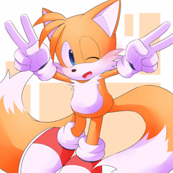 Size: 3000x3000 | Tagged: safe, artist:ノレゴ, miles "tails" prower, 2024, abstract background, blushing, cute, double v sign, looking at viewer, mouth open, open smile, smile, solo, standing, tailabetes, v sign, wink