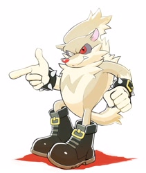Size: 2581x3060 | Tagged: safe, artist:ノレゴ, tumble the skunk, skunk, 2025, boots, clenched fist, grey sclera, looking at viewer, pointing, simple background, solo, spiked bracelet, standing, white background, wink