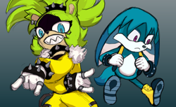 Size: 900x552 | Tagged: safe, kit the fennec, surge the tenrec, duo, frown, gradient background, grin, looking at viewer, looking down, looking down at viewer, looking offscreen, smile