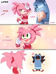 Size: 1500x2000 | Tagged: safe, artist:inked_whimsy, amy rose, shadow the hedgehog, hedgehog, 2026, alternate outfit, amy x shadow, blushing, clothes, comic, costume, dialogue, duo, english text, female, greeting, heart, male, punching bag, shipping, straight, sweatdrop