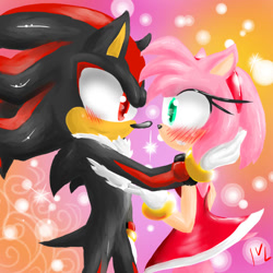 Size: 700x700 | Tagged: safe, artist:sn0wyangel, amy rose, shadow the hedgehog, hedgehog, 2014, amy x shadow, blushing, duo, female, hands on another's head, looking at each other, male, shipping, sparkles, straight