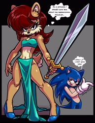 Size: 2975x3850 | Tagged: safe, artist:unhinged_honey, sally acorn, sonic the hedgehog, chipmunk, hedgehog, 2025, alternate outfit, dialogue, duo, english text, female, holding something, looking at viewer, male, pose, sally x sonic, shipping, speech bubble, straight, sword, weapon
