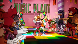 Size: 1056x594 | Tagged: safe, artist:joeadok, vanilla the rabbit, bird, dog, duck, rabbit, 2025, alternate outfit, clothes, dancing, disco, female, group, llama, male, music plant, unnamed character